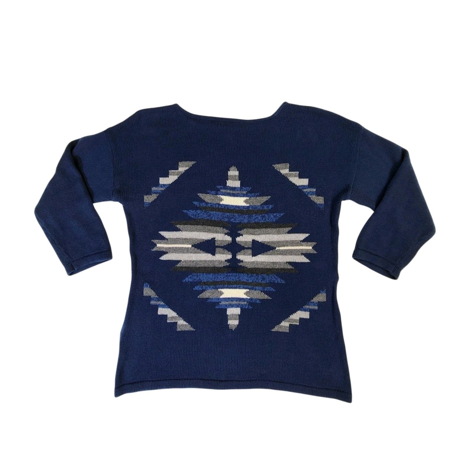 Chaps Denim Women's Sweater Top Shirt Medium Southwestern Aztec Boho Navy Blue